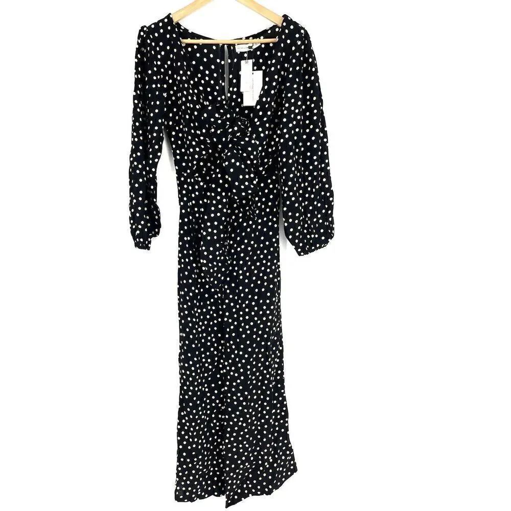 Faithfull The Brand Anthropologie Jumpsuit Size XS Black Helena Polka Dot Bow